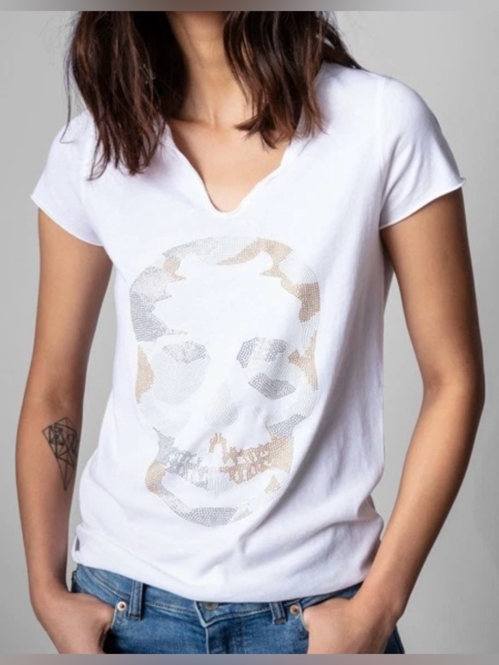 Zadig & Voltaire White Short-Sleeve Tee with Gold & Silver Skull - Size M?